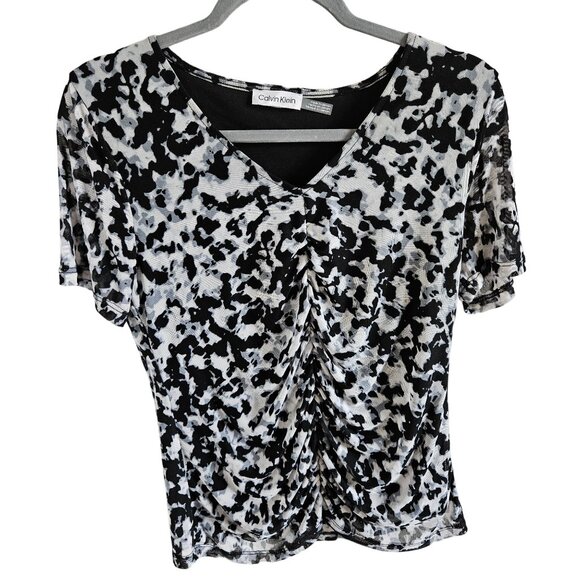 Calvin Klein Tops - Calvin Klein Woman Size M Blouse V neck Mesh Fabric Lined Ruched Front Art